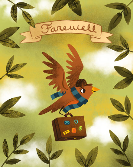 farewell card brown bird carrying suitcase