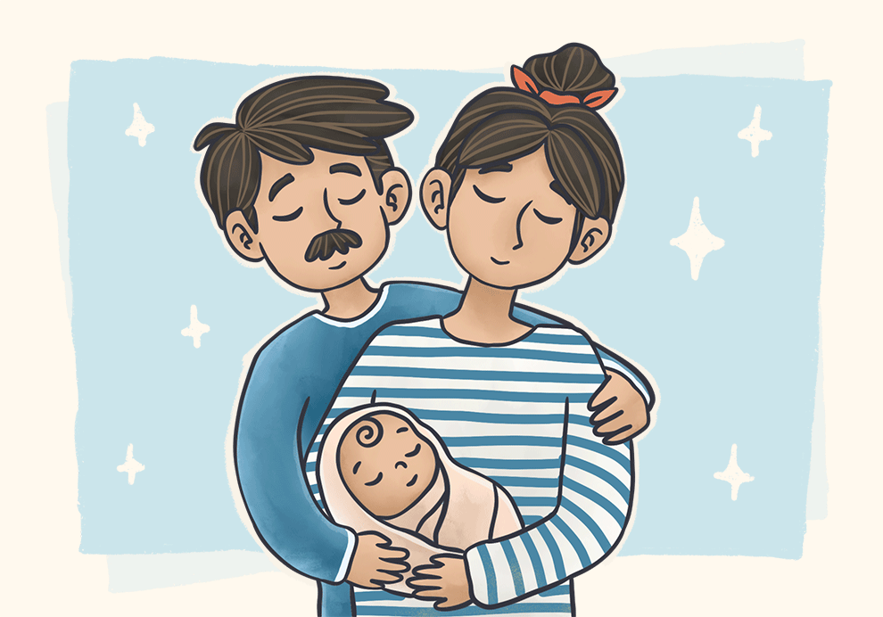A father holding the mother holding their baby
