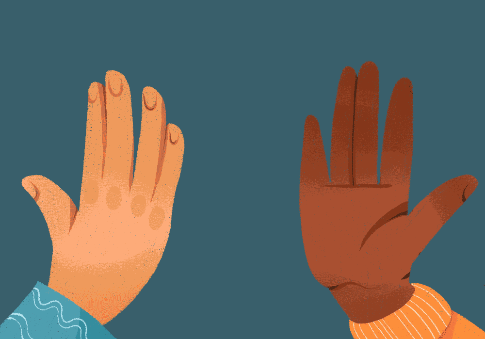 A hand giving another hand a high-five, causing the background to flash different colors on impact