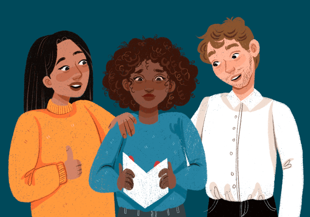 A woman is reading a card while hearts float from its pages as two colleagues look on