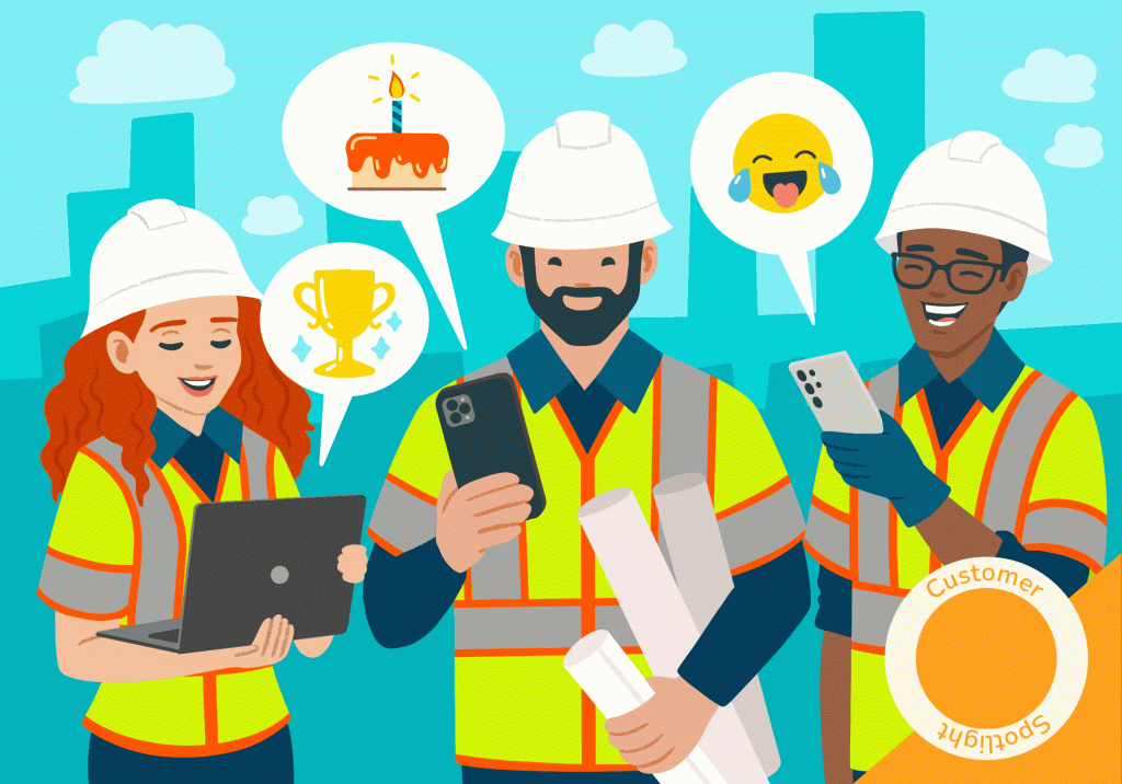 A group of construction workers looking at a laptop and phones for messages of celebration