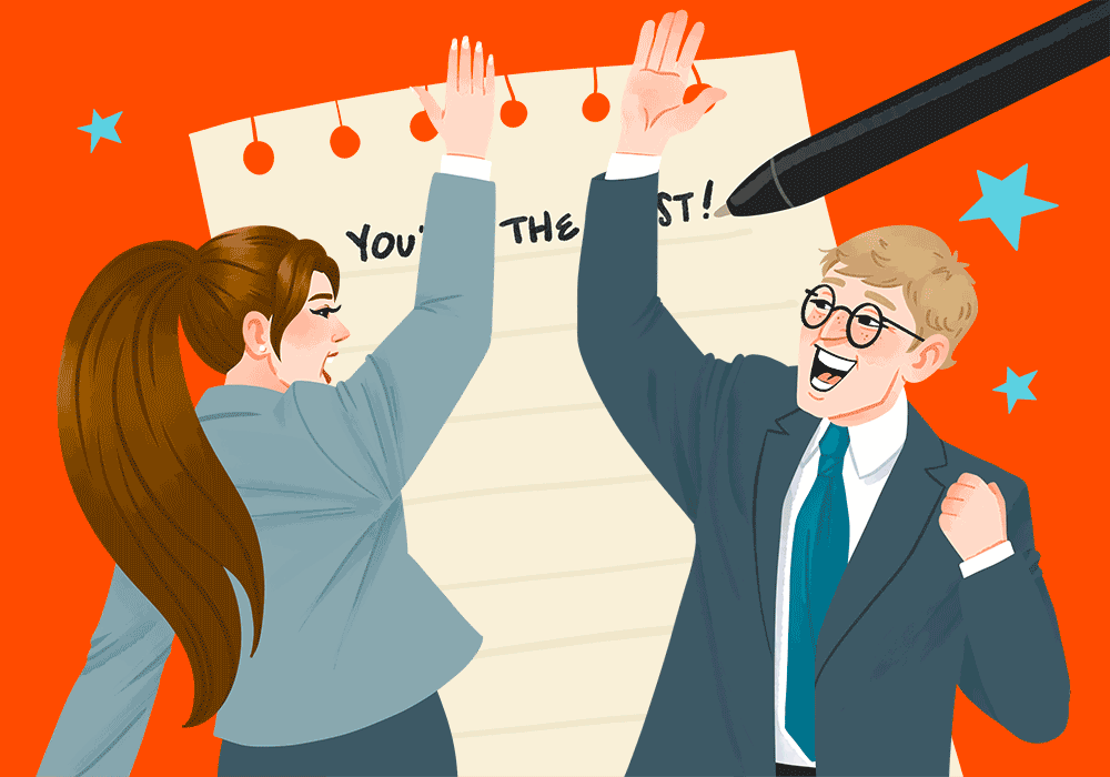 A boss high-fiving and fist-bumping her employee for a job well done