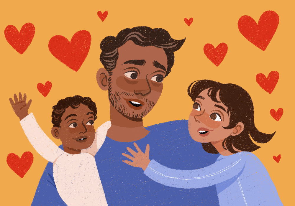 A father and his two children surrounded by floating red hearts